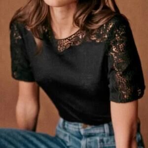 SÉZANE 100% Linen Lorena Embroidered Crewneck Short Sleeve T-Shirt Black M